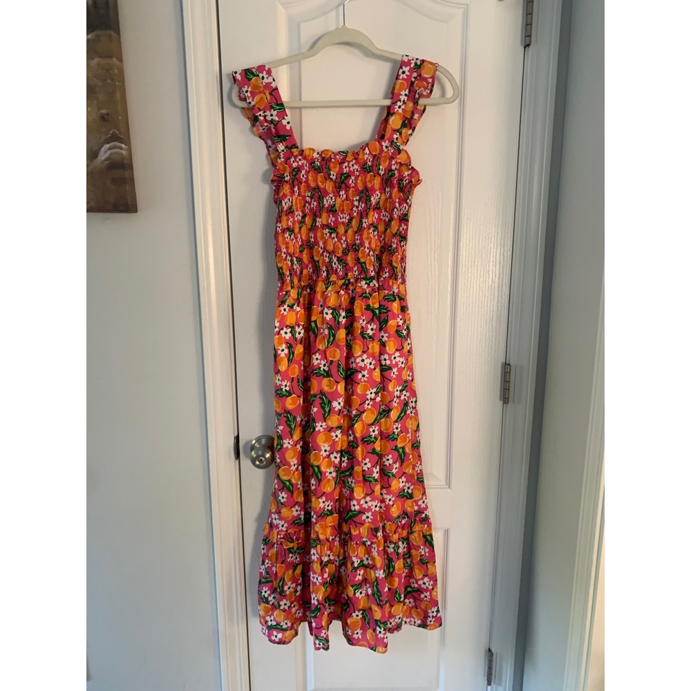 Draper James Pink Citrus Floral Smocked Midi Dress Ruffle Strap Pockets Medium